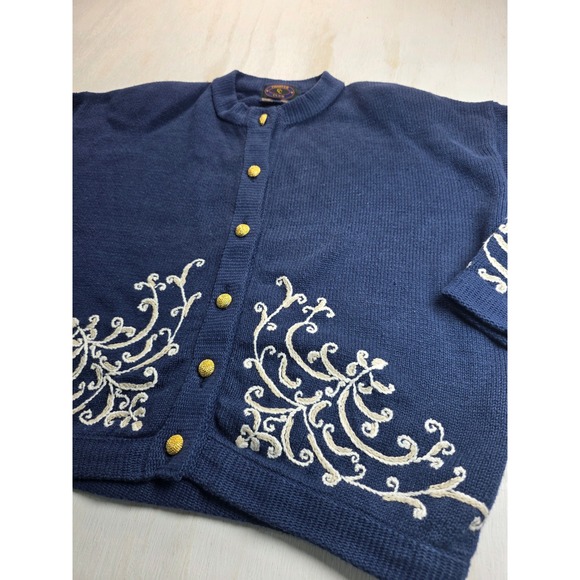 Charter Club Sweaters - Charter Club Vintage Navy Blue Hand Embroidered Cardigan Sweater Gold Buttons S